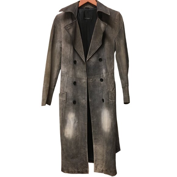 Tara Jarmon Genuine Leather Trench Coat Distressed Suede Waist Tie Belt RARE - Picture 2 of 15
